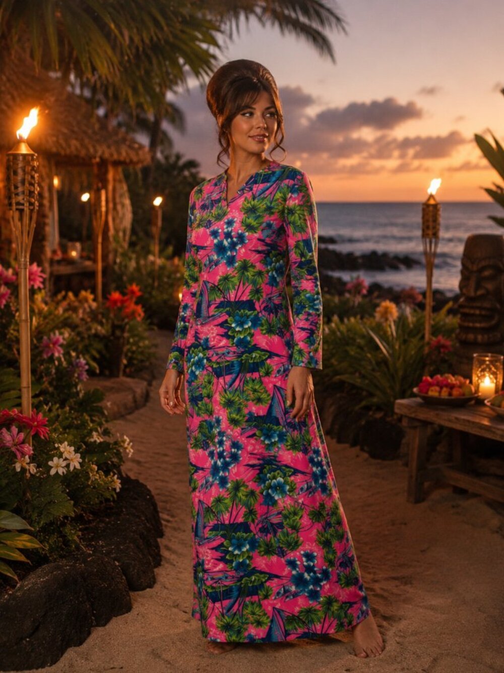Vtg 60s hawaiian floral neon bright long maxi dress luau tiki party